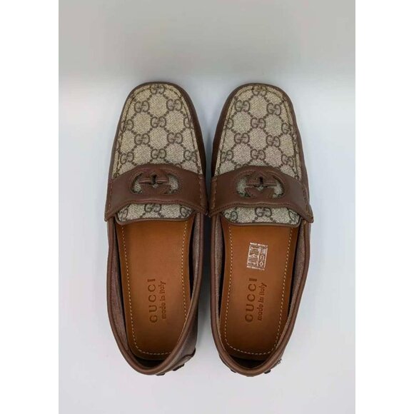 Gucci Men’s Interlocking G Supreme Driver Calfskin Loafers Brown Sugar UK7.5 730 - Picture 3 of 14